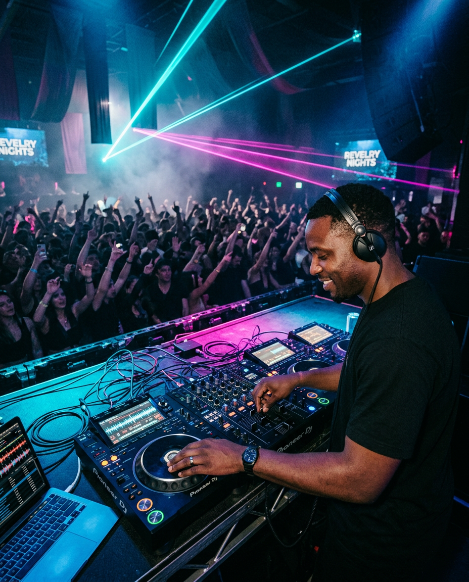 DJ performing at a packed nightclub with cyan and pink laser lighting