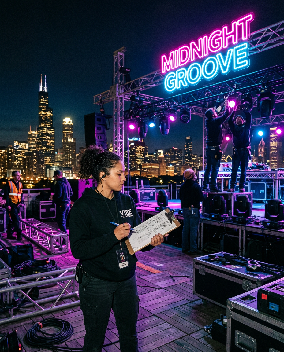 Event production crew setting up a rooftop stage in Chicago at night