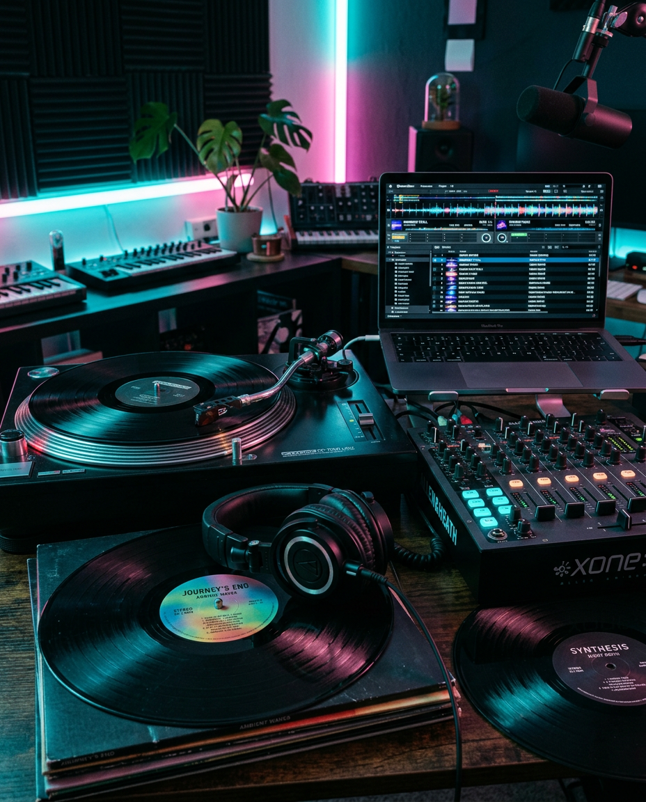 Vinyl records and DJ mixer in a studio with neon accent lighting